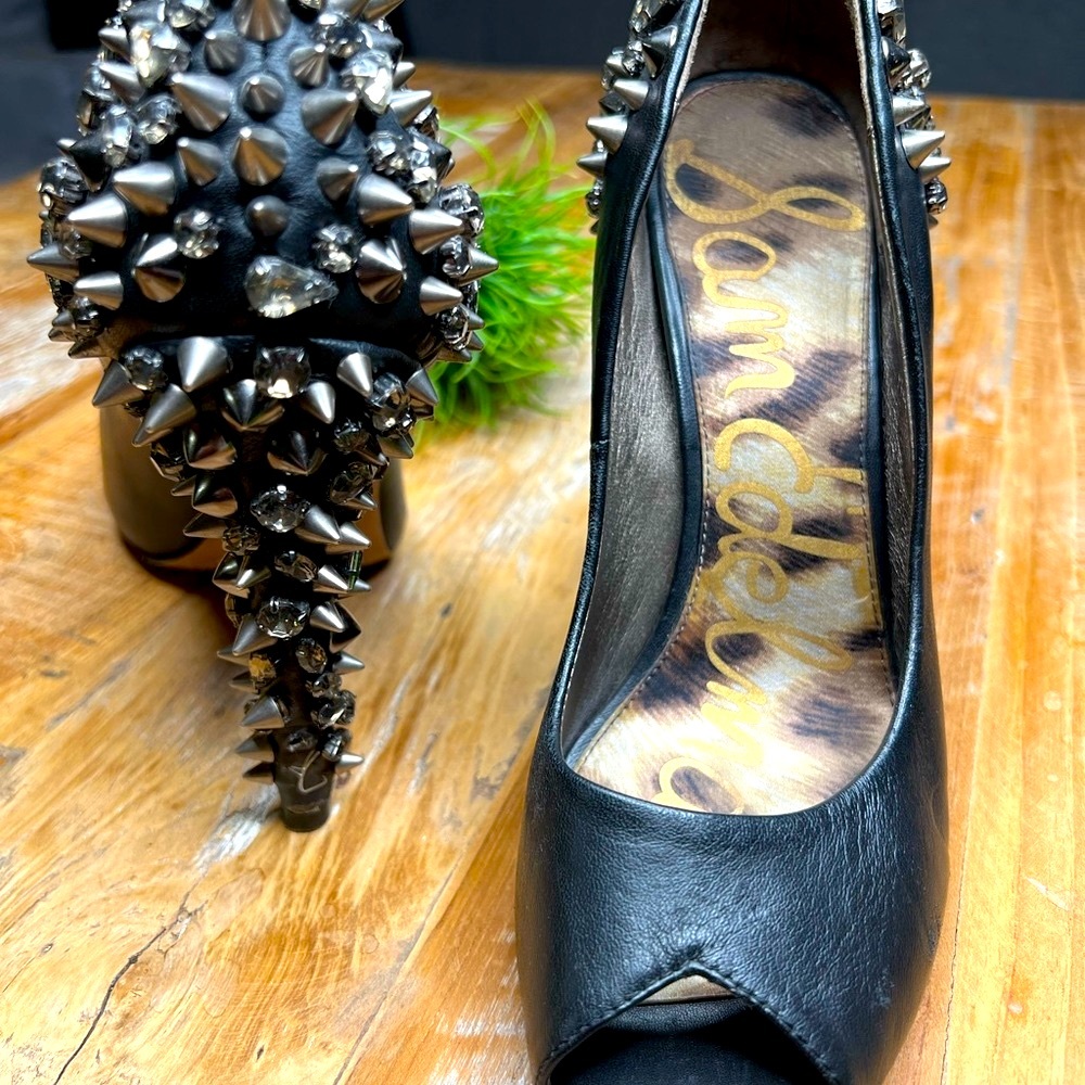 Black Lorissa Peep Toe Crystals/Stud Heels Pumps